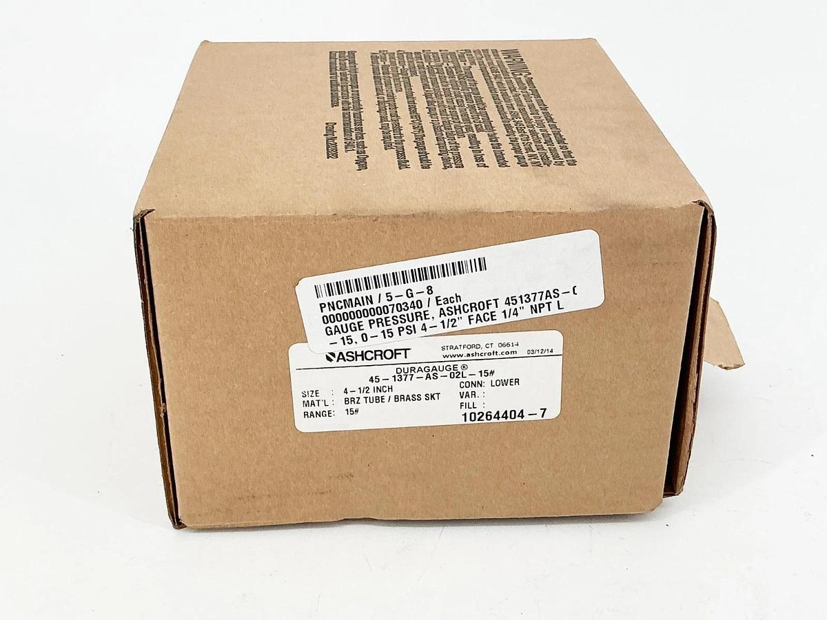 New Ashcroft 45-1377-AS-02L-15# Pressure Gauge 0-15PSI 4-1/2" BRZ Tube