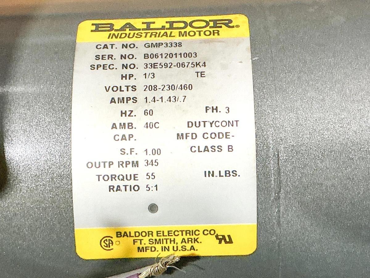 New Baldor GMP3338 Gear Motor 1/3HP 460V 3PH 5:1 Ratio 345RPM