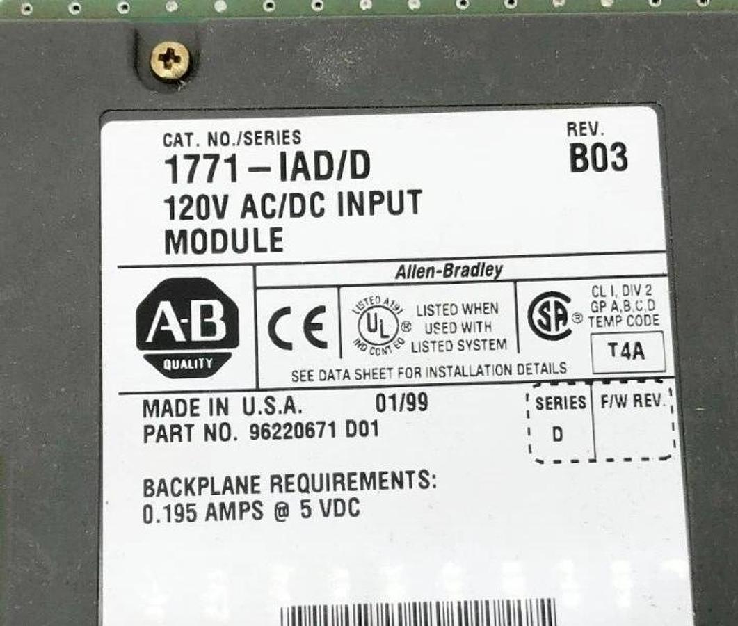 Used Lot of 3 Allen Bradley 1771-IAD Ser. D Input Modules 120VAC/DC Rev. B03