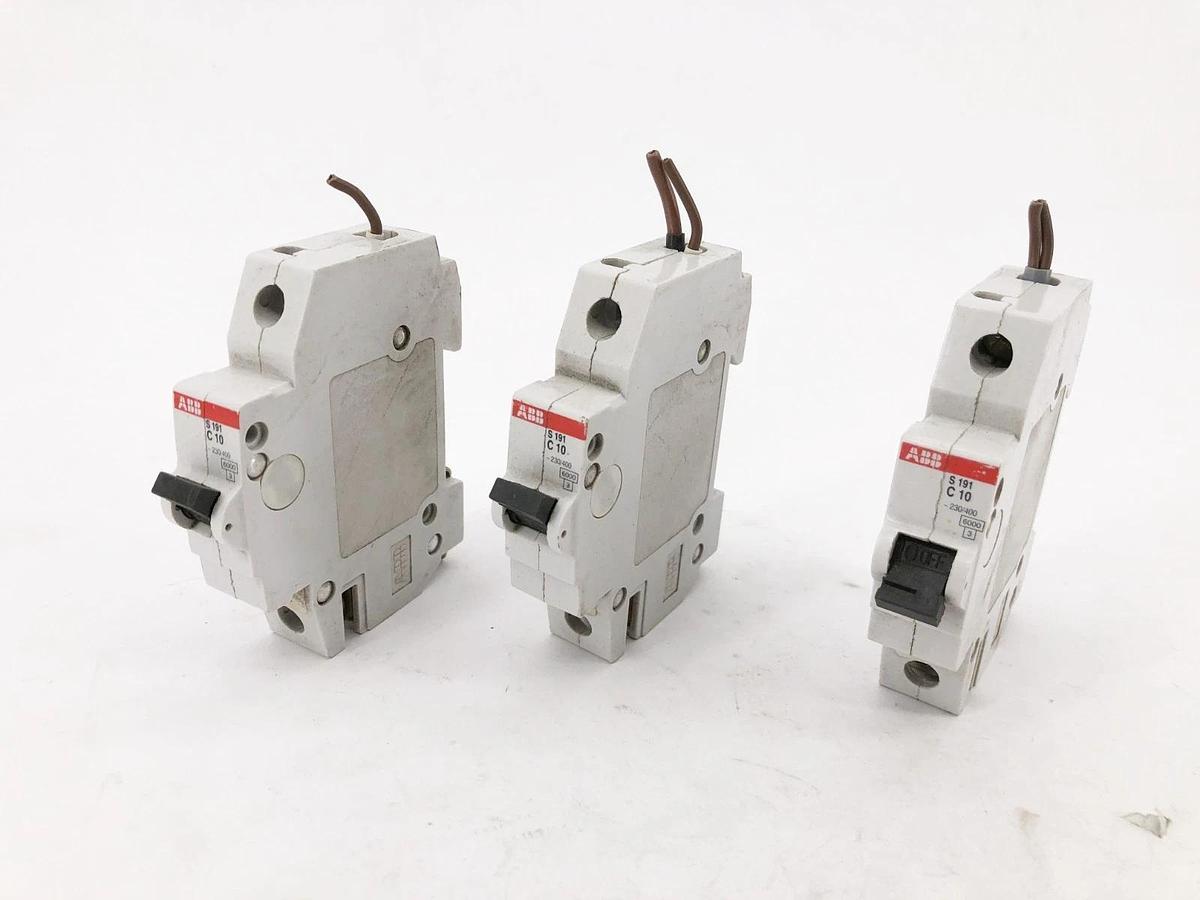 Used Lot of 3 ABB S191 C10 Circuit Breakers 230/400V 10A 1P