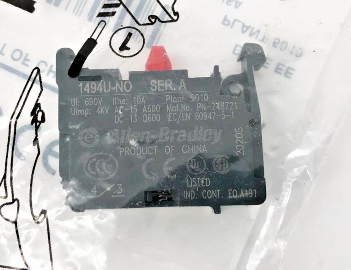 Lot of 2 New Allen Bradley 1494U-NO Ser. A Auxiliary Contacts 1N.O. 10A