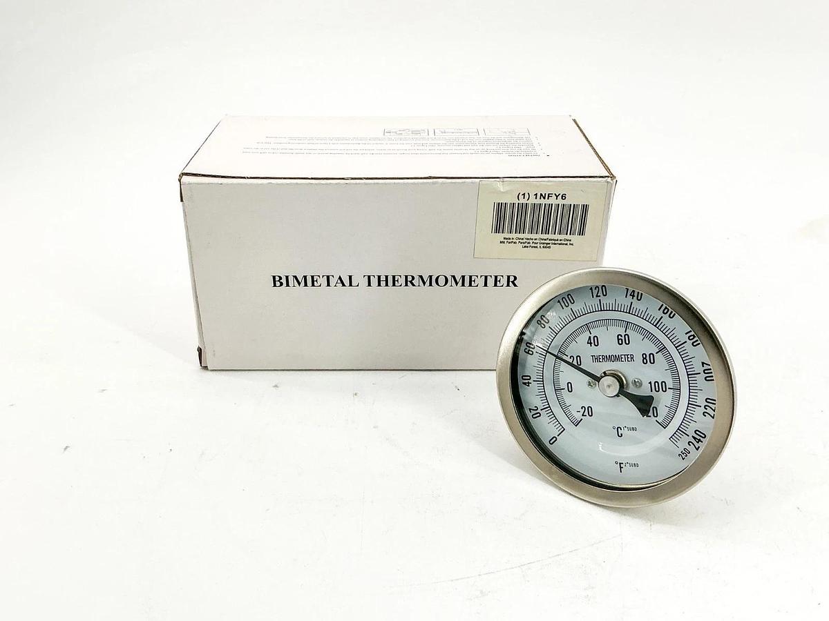 New 1NFY6Bimetal Thermometer 0-250F 3-1/2" Face 4" Stem