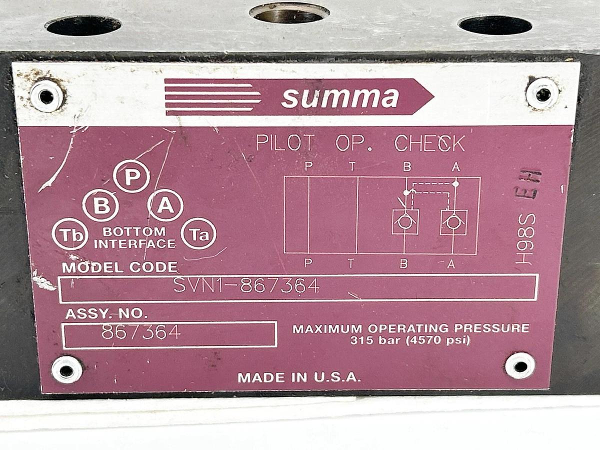 Used Summa SVN1-867364 Pilot OP Check Valve 4570PSI 315Bar