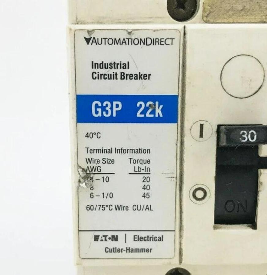 Used Eaton Automation Direct G3P-030 Circuit Breaker 480 VAC / 250 VDC 3-Pole 22KA