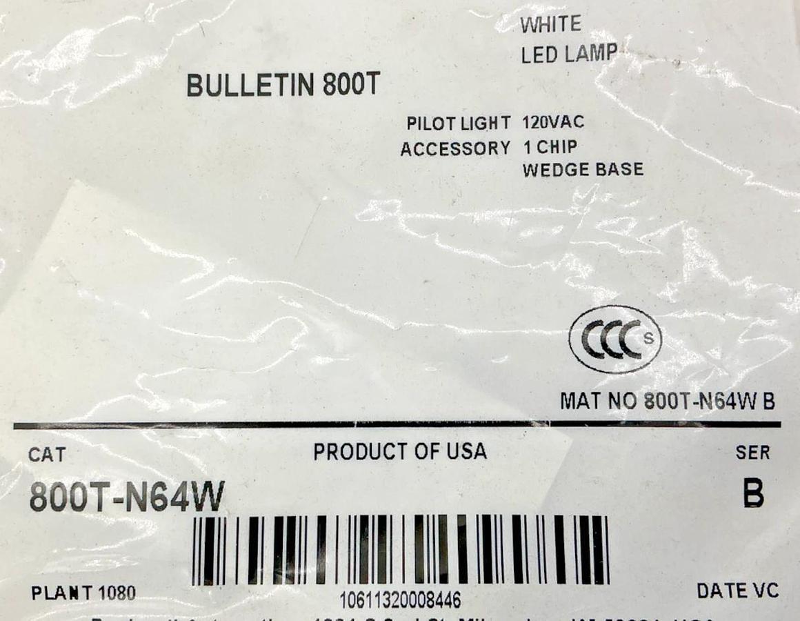 New Allen Bradley 800T-N64W Ser B Pilot Light LED Lamp White 120VAC