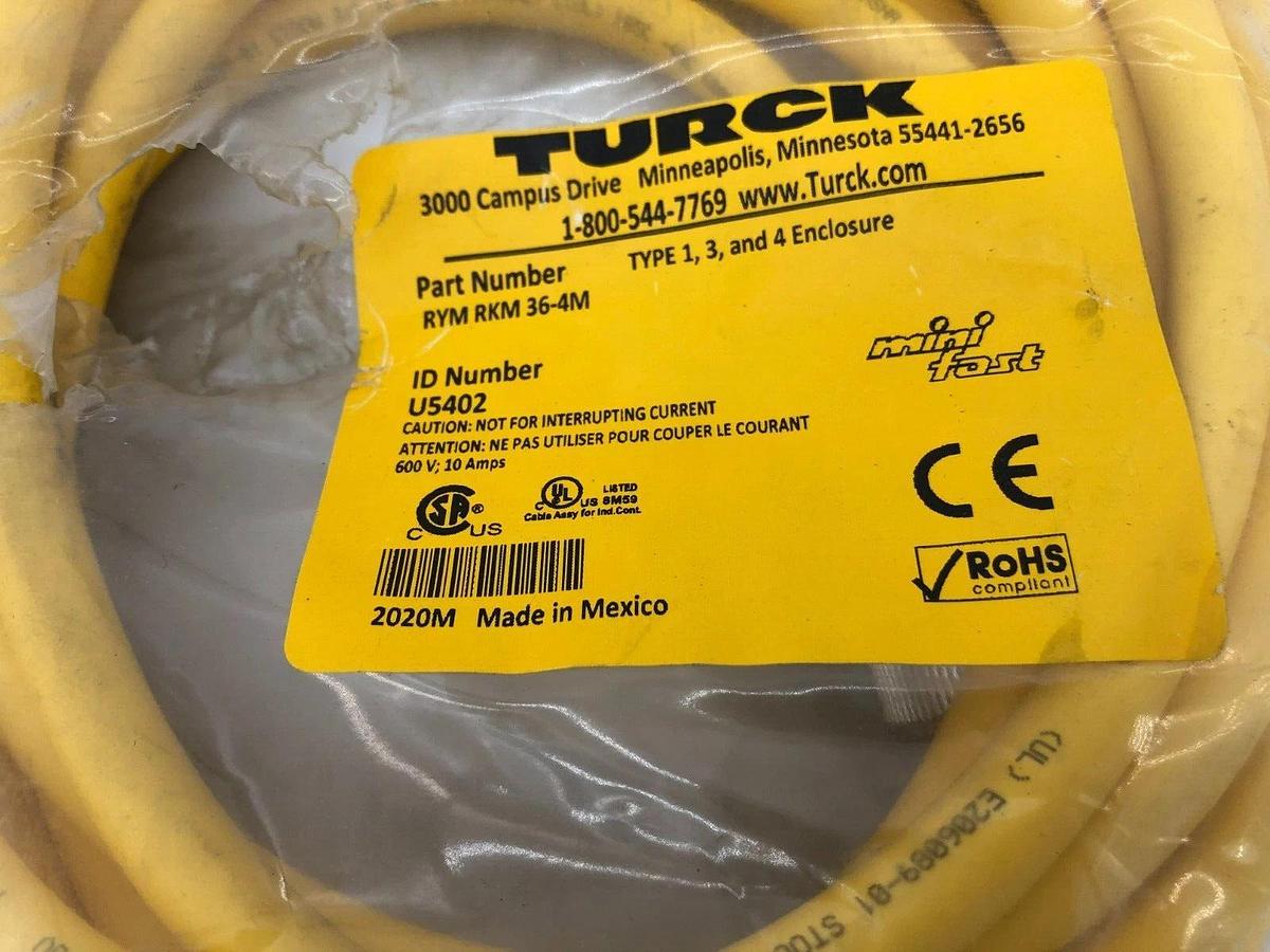 New Turck U5402 Minifast Cordset, 600V, 10 A, RYM RKM 36-4M