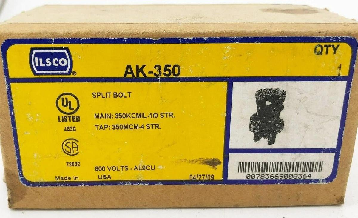 New Ilsco AK-350 Aluminum Split Bolt Connector 350MCM 4 AWG 600V