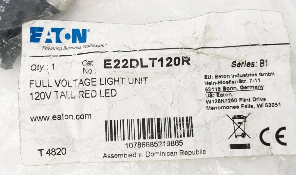 New Eaton E22DLT120R Full Voltage Light Unit 120VAC/DC Tall Red LED