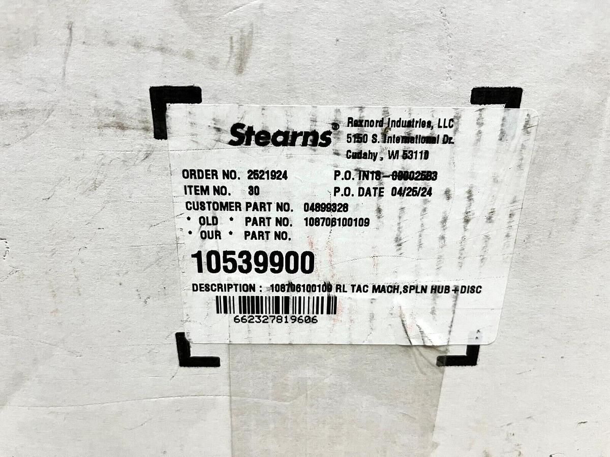New Rexnord Stearns 10539900 108706100109 RL Tac Mach Spln Hub + Disc