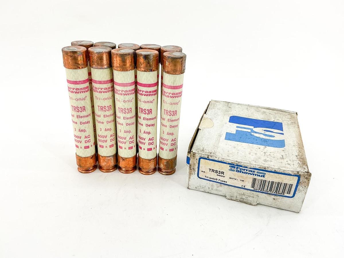 New Box of 10 Ferraz Shawmut TRS3R Dual Element Time Delay Fuse 3A 600V