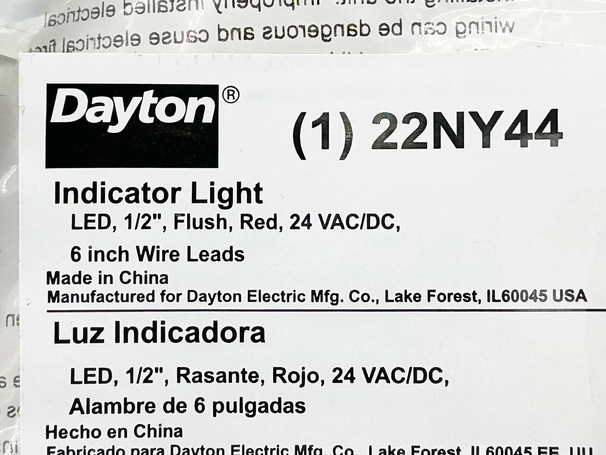 New Lot of 3 Dayton 22NY44 Indicator Light LED 1/2" Flush Red 24V 6" Wire