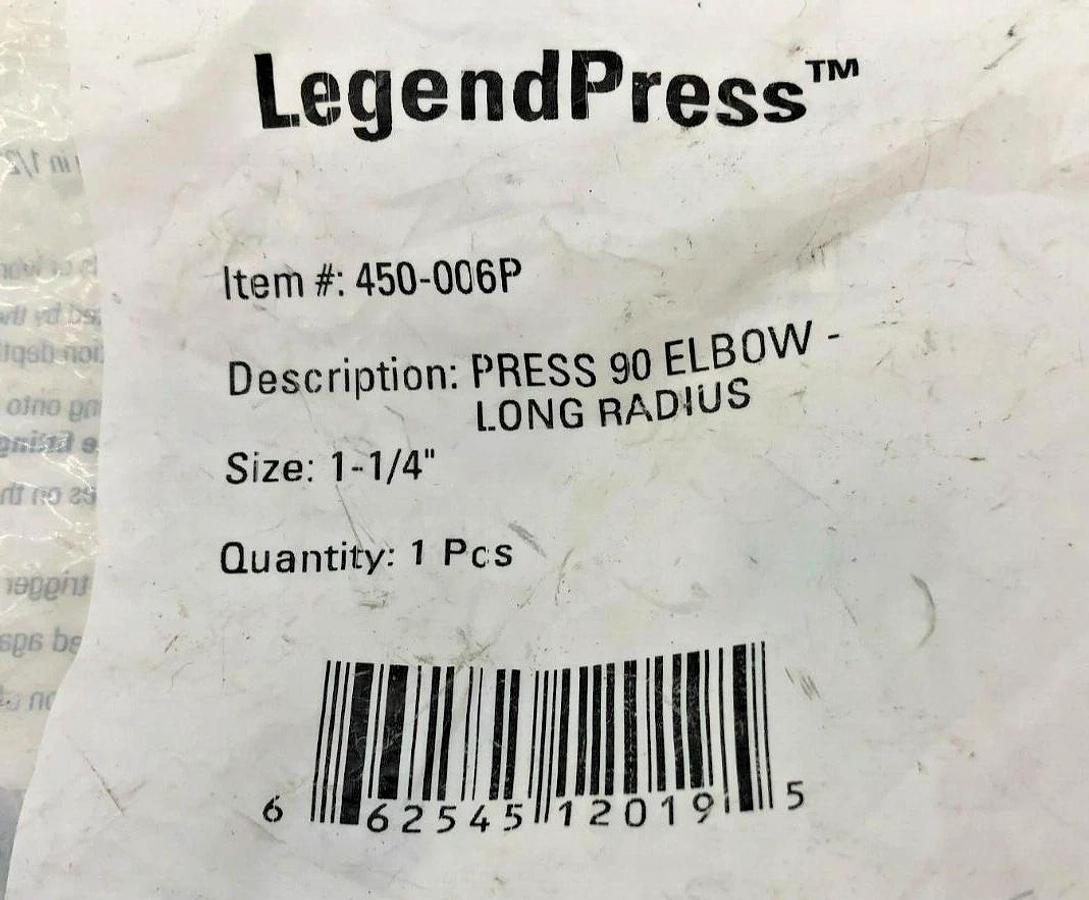 New Legend Press 450-006P Elbow, Long Radius, 90 deg, 1.25 in x 1.25", Copper