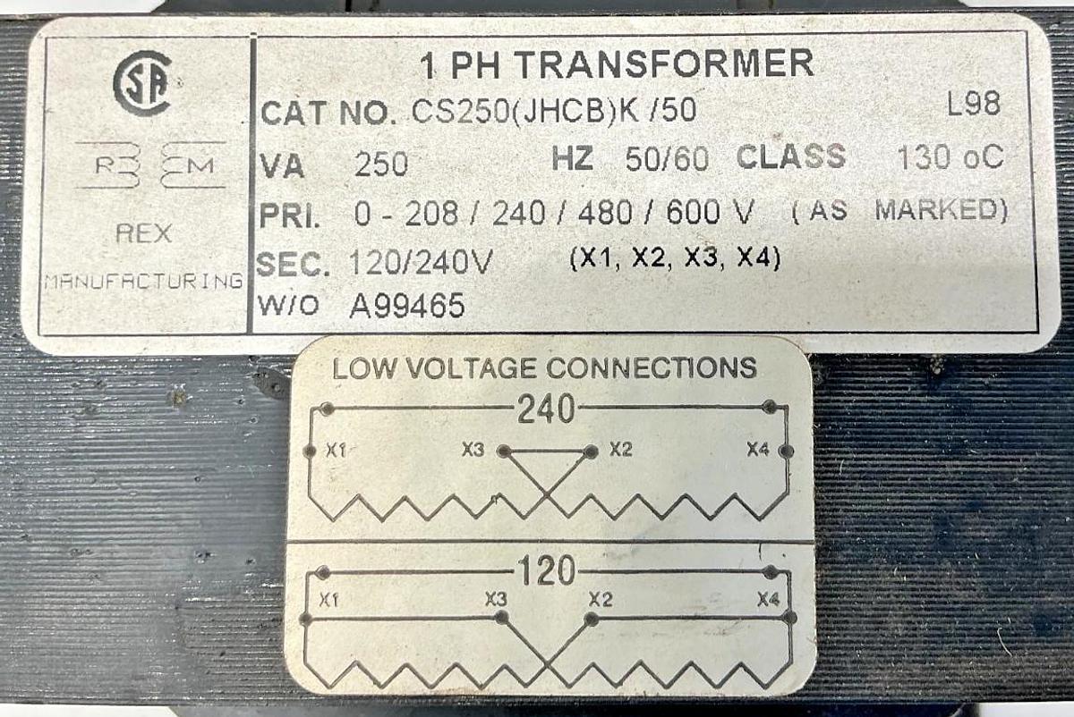Used Rex Manufacturing CS250(JHCB)K Transformer 1PH 250VA Prime: 600V 2nd: 120/240V