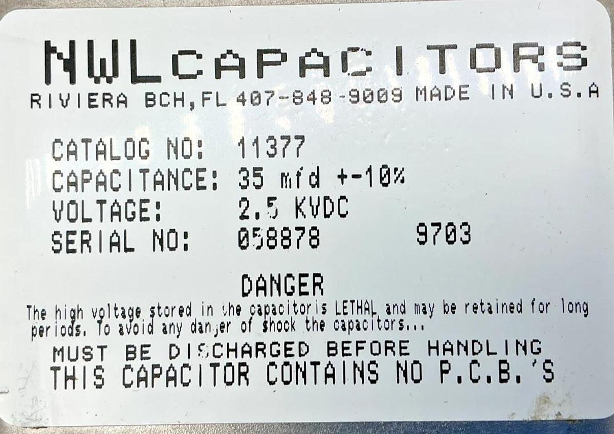 Used NWL Capacitors 11377 Capacitator Capacitance: 35mfd+-10% Voltage: 2.5KVDC