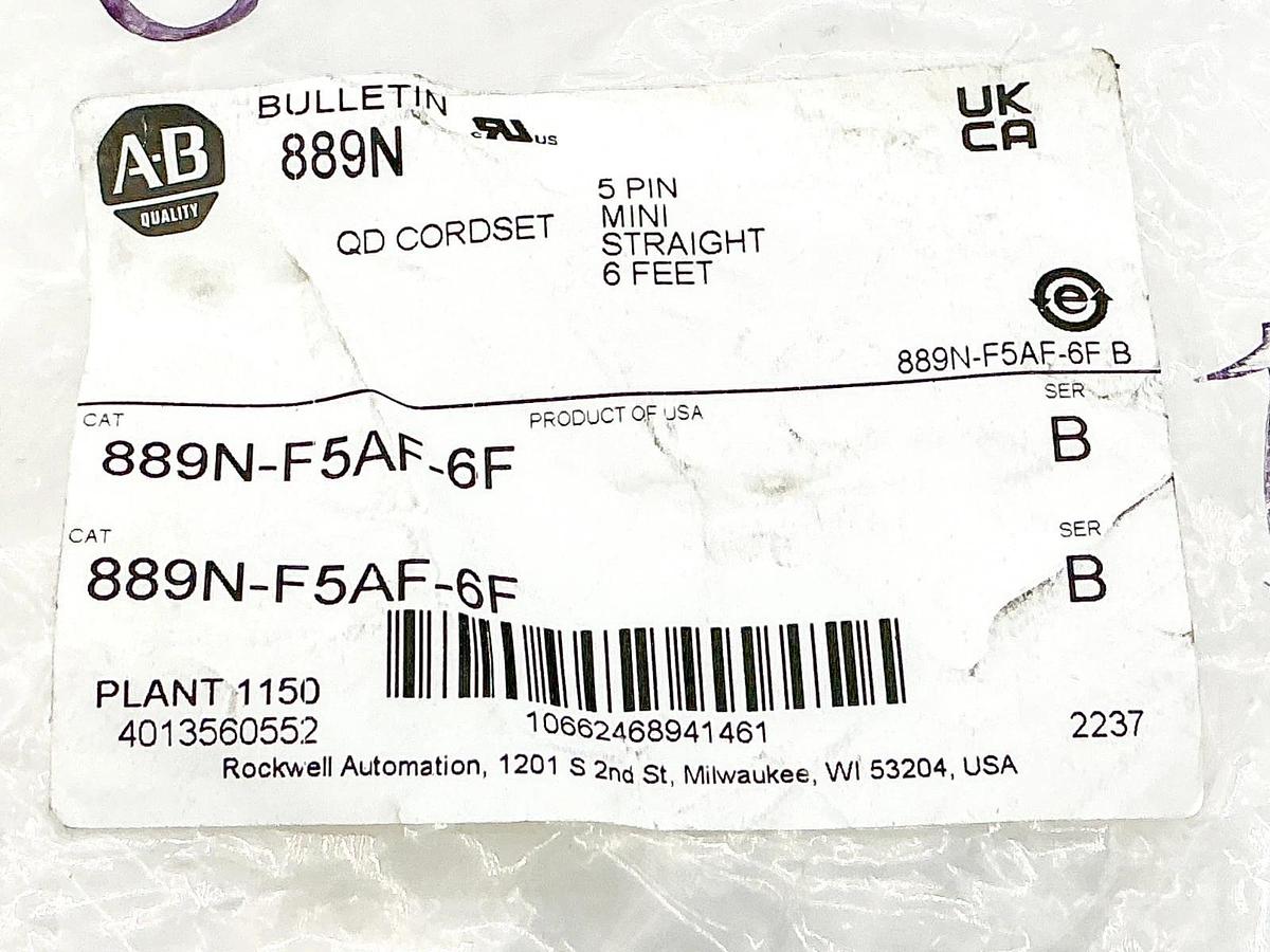 New Allen Bradley 889N-F5AF-6F QD Cordset 5Pin Mini Straight 6' Ser.B