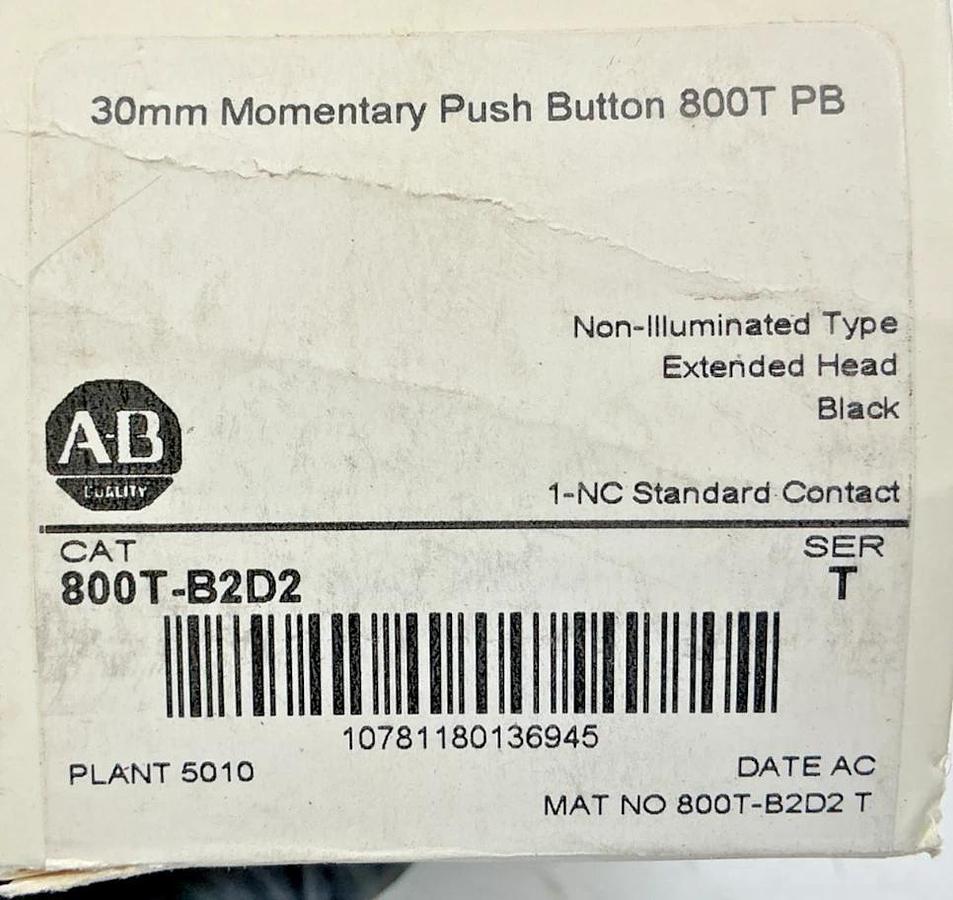 New Allen Bradley 800T-B2D2 Ser T Momentary Push Button 30mm Black 1NC