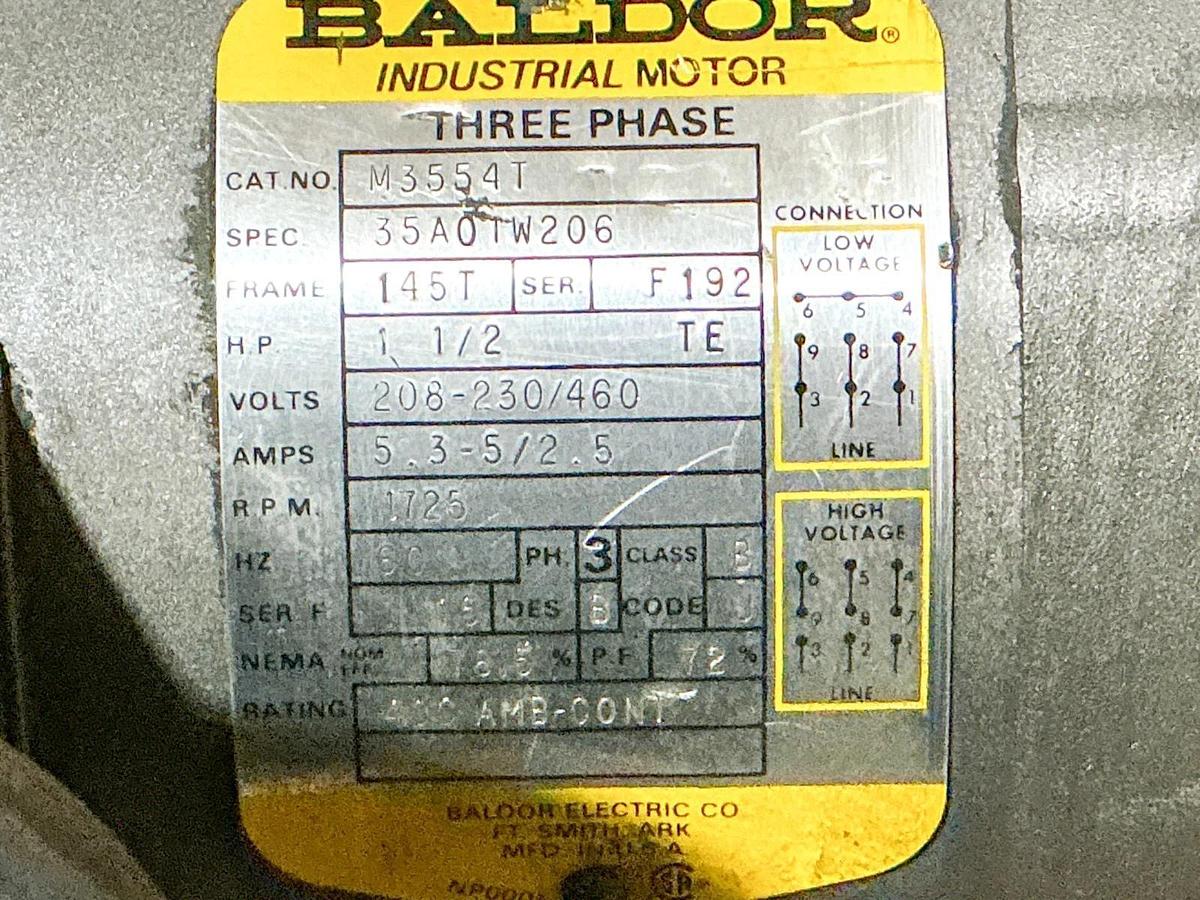 Used Baldor M3554T Electric Motor 1-1/2HP 3PH 460V 1725RPM Spec 35A01W206