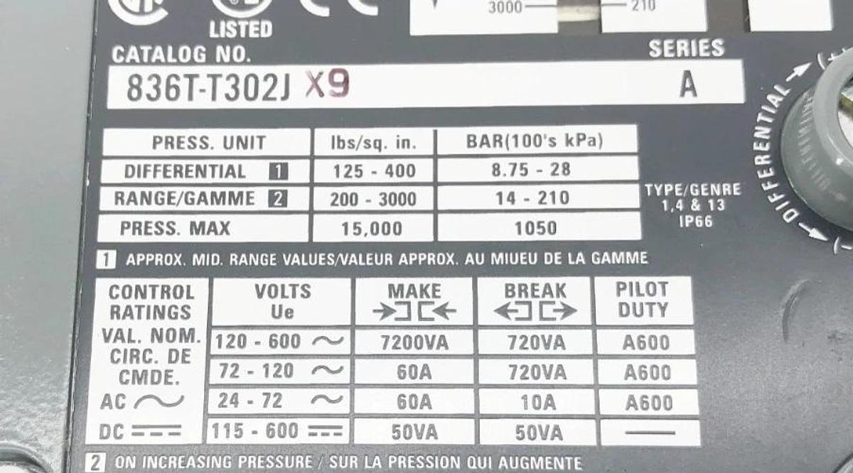 New Allen Bradley 836T-T302JX9 Pressure Control Switch 72-120A 60A 200-3000PSI