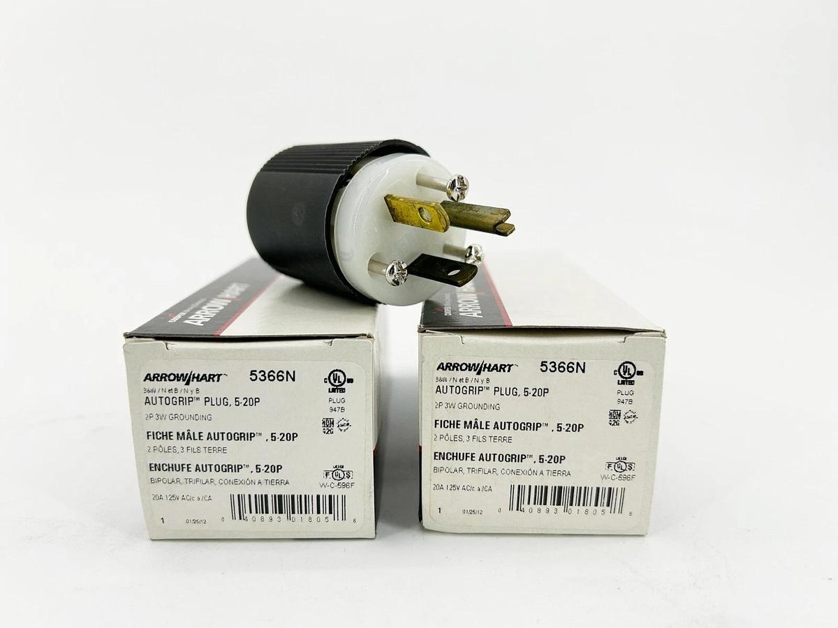 New Lot of 2 Arrow Hart 5366N AutoGrip Plug 5-20P 2P 3W Grounding 125V
