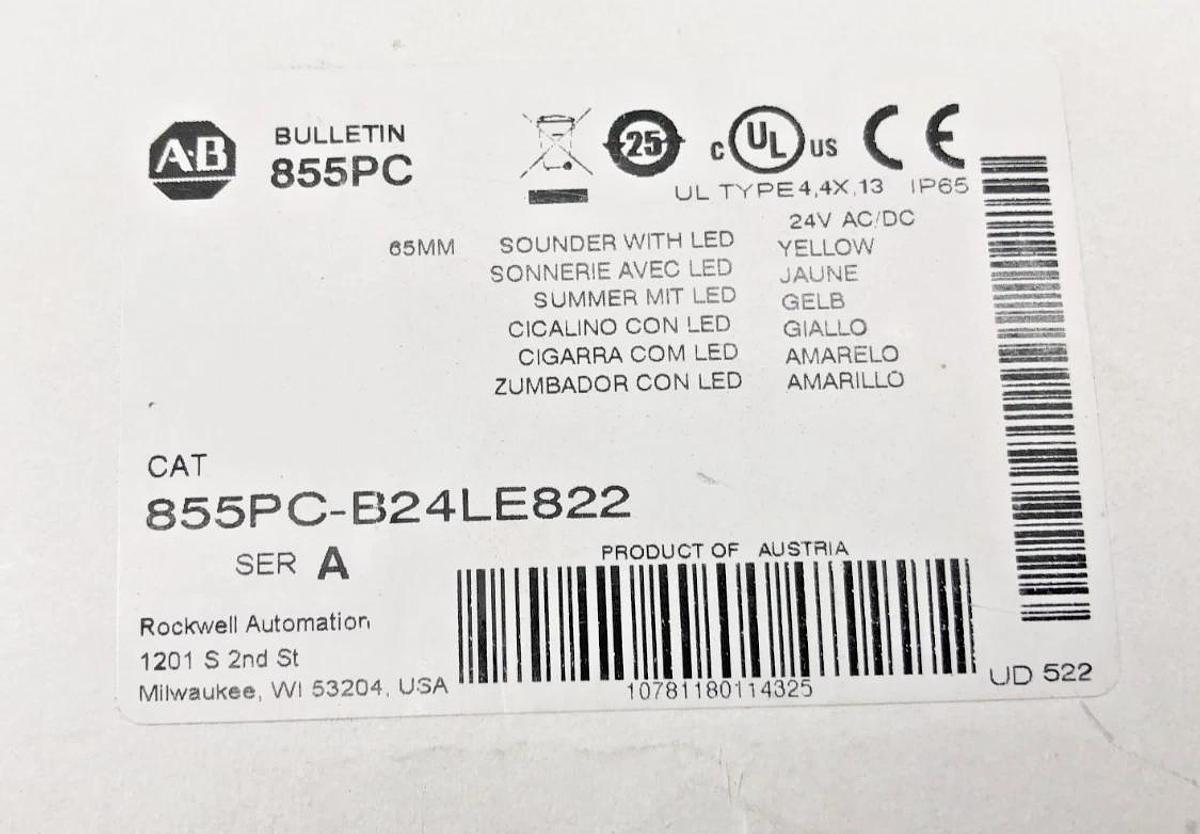 New Allen Bradley 855PC-B24LE822 Ser. A Panel Mount Sounder LED Yellow 24VAC/DC