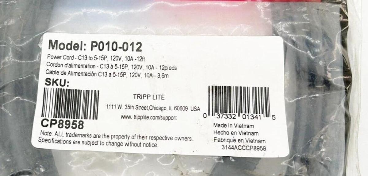 New Lot of 2 Tripp Lite P010-012 Power Cord 120V 12' 10A