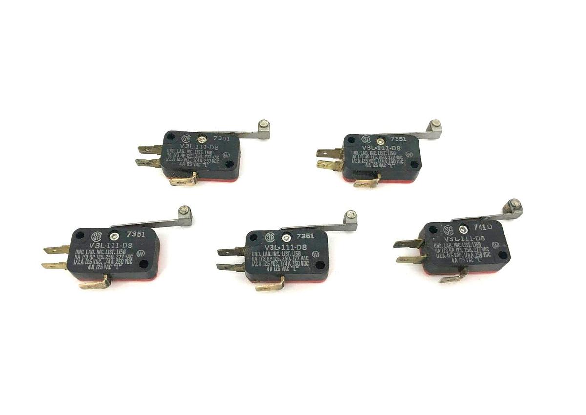 Used Lot of 5 Honeywell V3L-111-D8 Roller Lever Microswitches, 11A