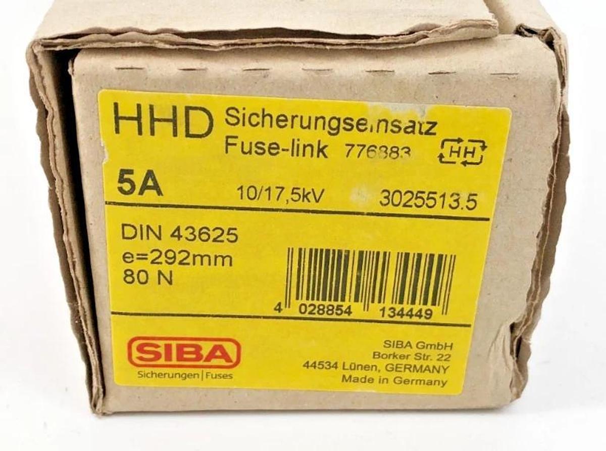 New SIBA 3025513.5 Fuse-Link HHD 5A 10/17,5kV DIN 43625 e=292mm 80 N