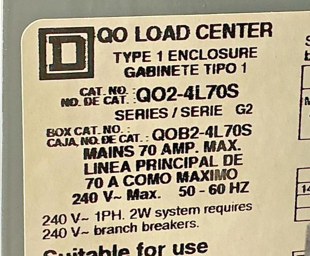 New Square D QO2-4L70S Ser G2 QO Load Center 1PH 2W 240V 50/60HZ