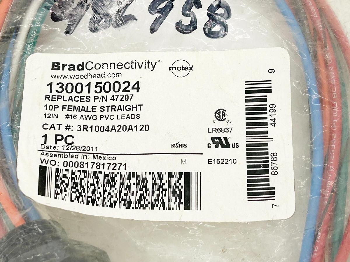 New Brad Connectivity 1300150024 Cordset 10P Femail Straight 12" #16 AWG PVC Lea