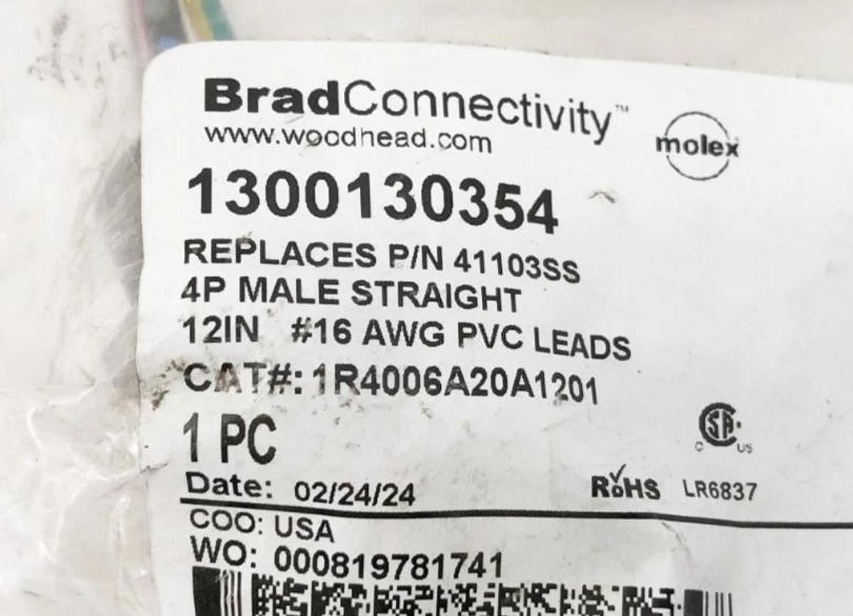 New Brad Connectivity 1300130354 Receptacle 41103SS 4P Male Straight 12"