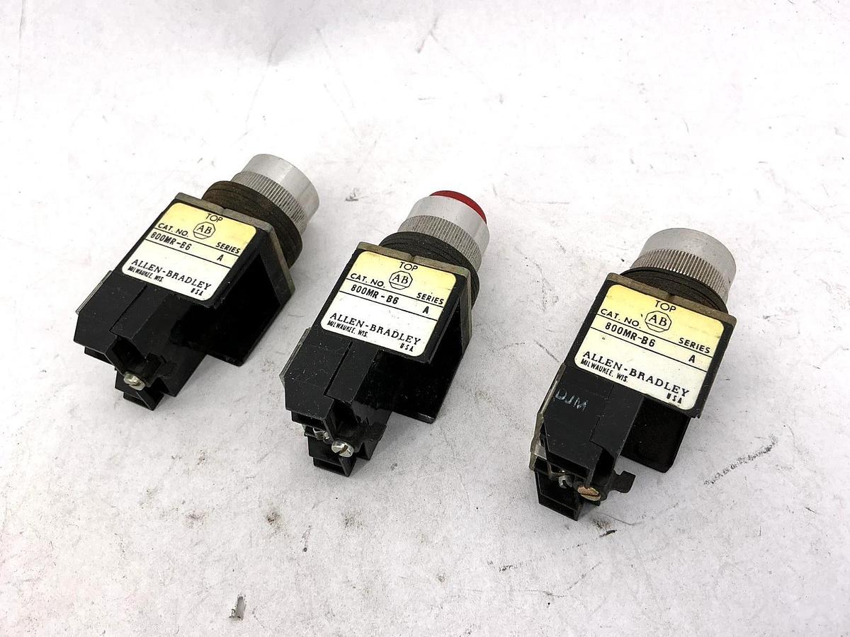 Used Lot of 3 Allen Bradley 800MR-B6 Ser A Pushbutton w/ 800M-XD2S Contact Block