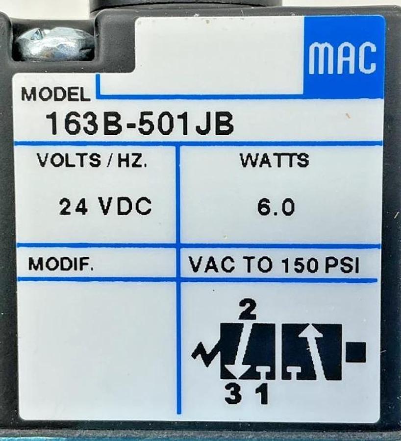New MAC Valves 163B-501JB Solenoid Valve 3-Way 6-Watts 150PSI 24VDC 163B501JB