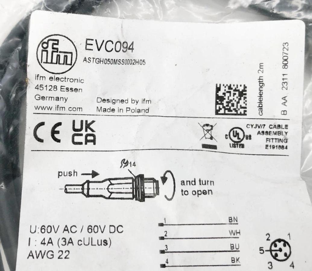 New IFM Efector EVC904 Connection Cable ASTGH050MSS0002H05