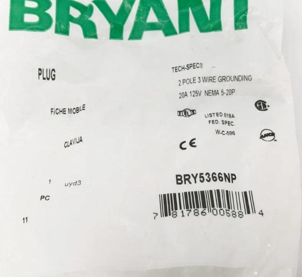 Lot of 2 New Bryant BRY5366NP Straight Plugs NEMA 5-20 20A 125V