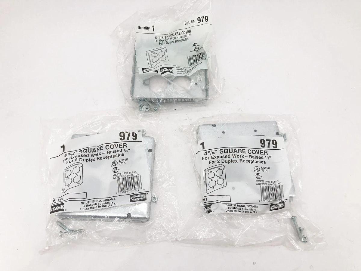 Lot of 3 New Hubbell Raco 979 Square Covers 2-Gang Galvanized 4-11/16"