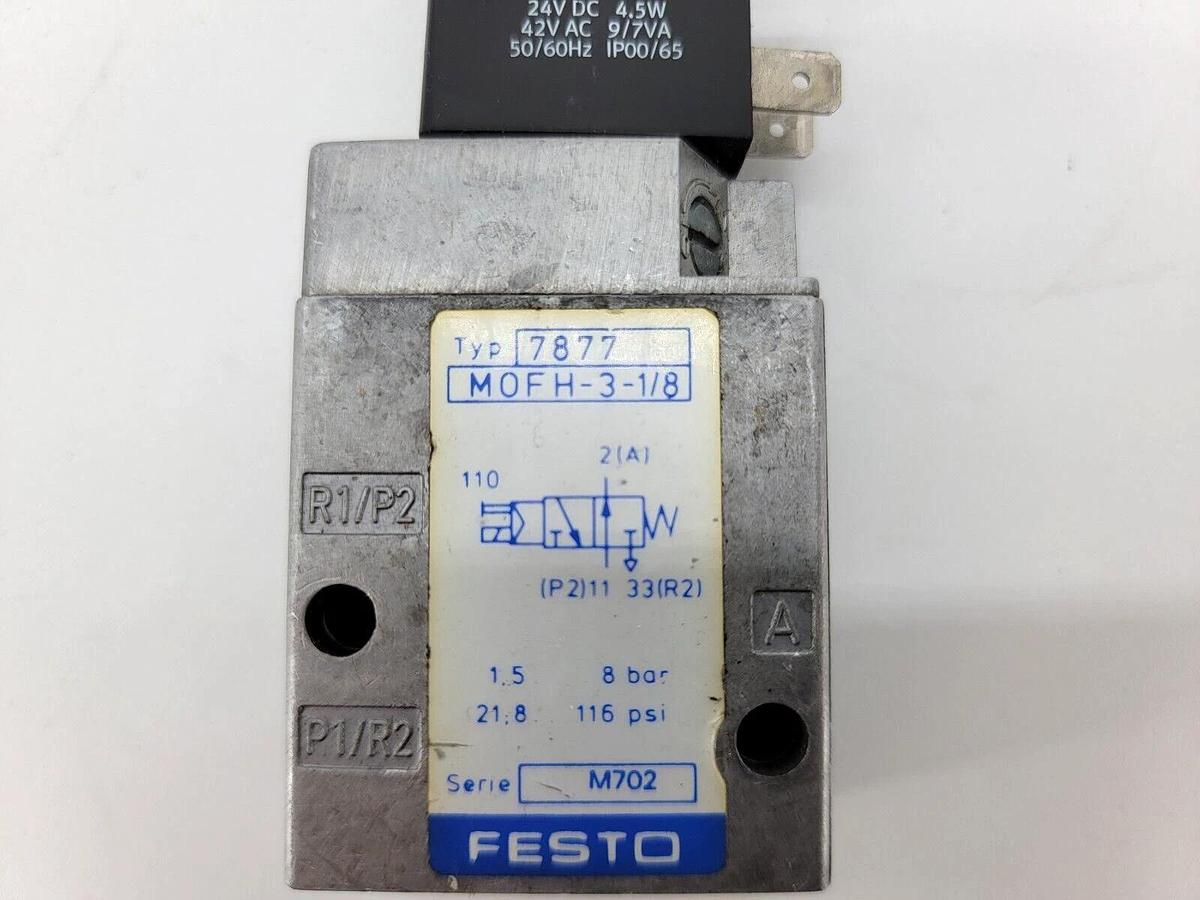 Used Festo MOFH-3-1/8 Solenoid Valve W/ 24VDC Coil 8 Bar 116 PSI 7877