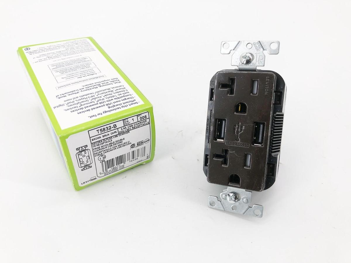 New Leviton T5832-B Decora Duplex USB Charger Brown 3.6A USB 20A-125V