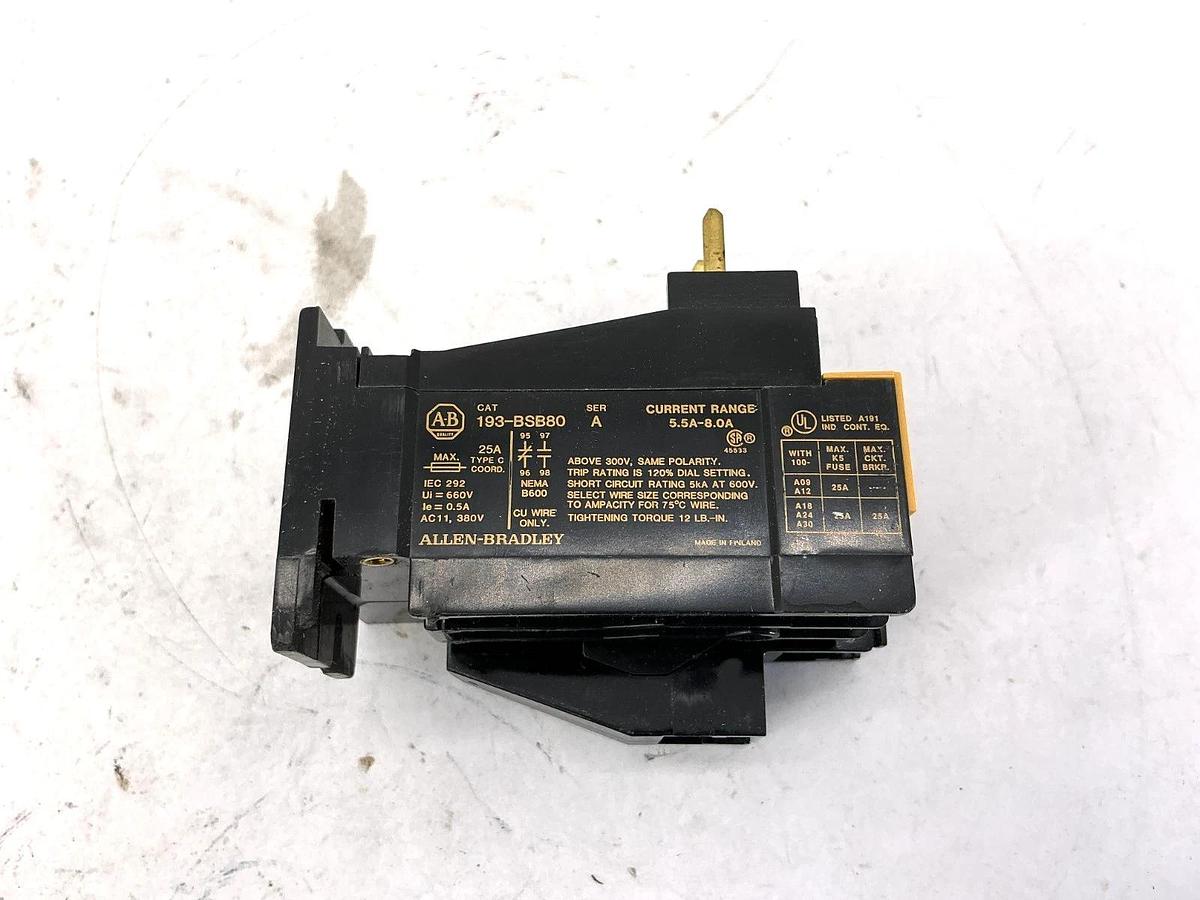 New Allen Bradley 193-BSB80 Ser A BiMetallic Overload Relay 5.5-8A 600V