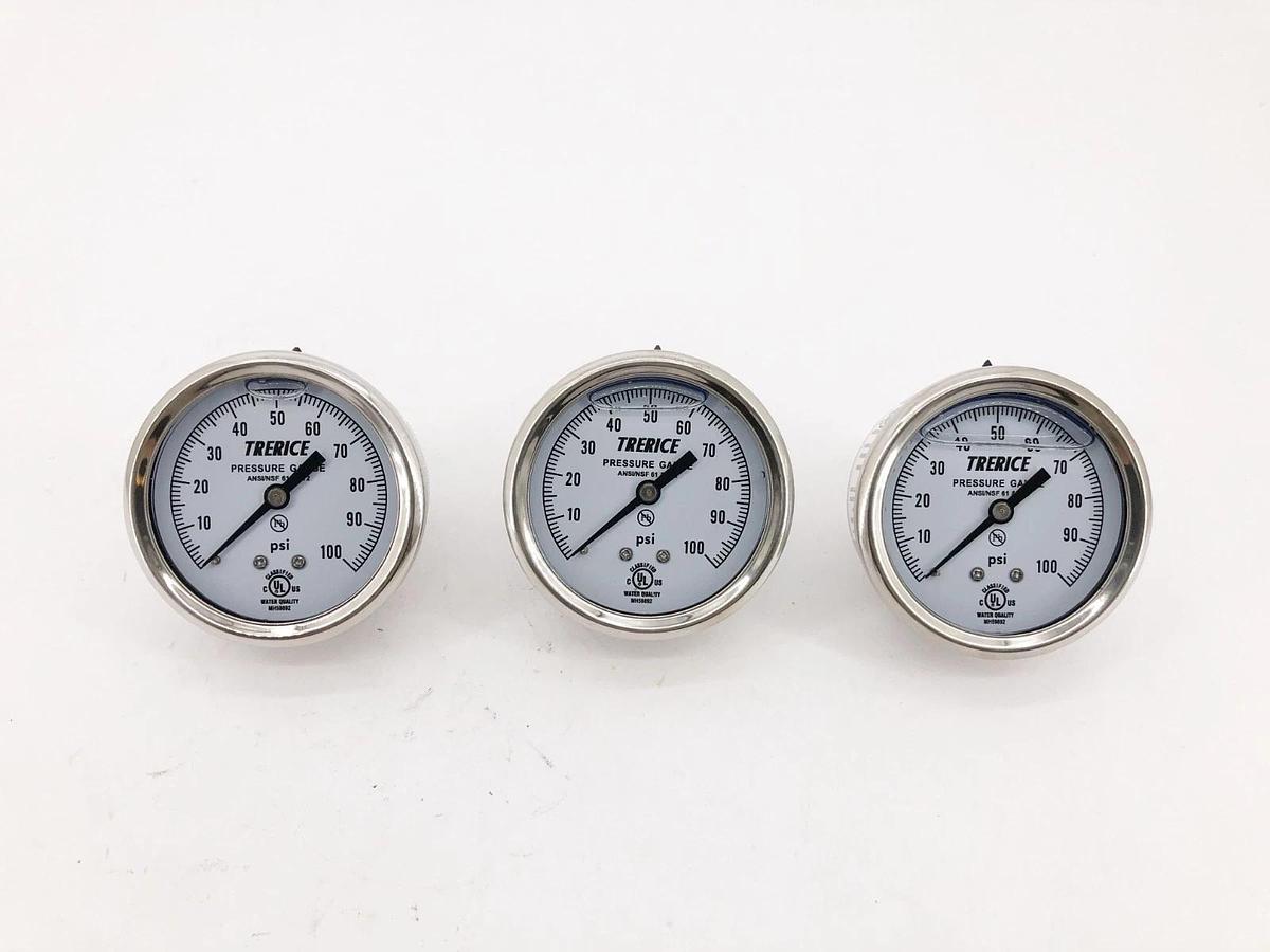 Lot of 3 New Trerice D82LFB2502BA100 Gauges D82LFB 2.5" 0-100psi 1/4" NPT Back