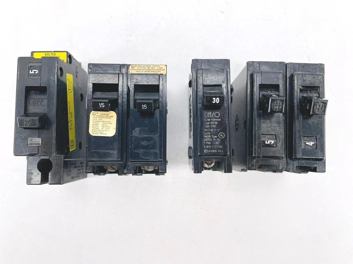 Used Lot of 6 Circuit Breakers Cutler Hammer Crouse Hinds Square D 20A 15A 30A