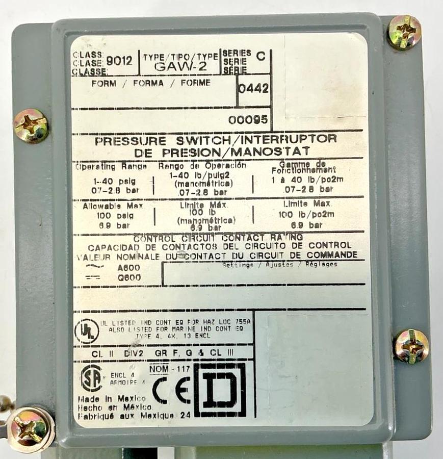 New Square D 9012GAW-2 Ser C Pressure Switch 1-40PSIG 600VAC 9012GAW2 - No Box