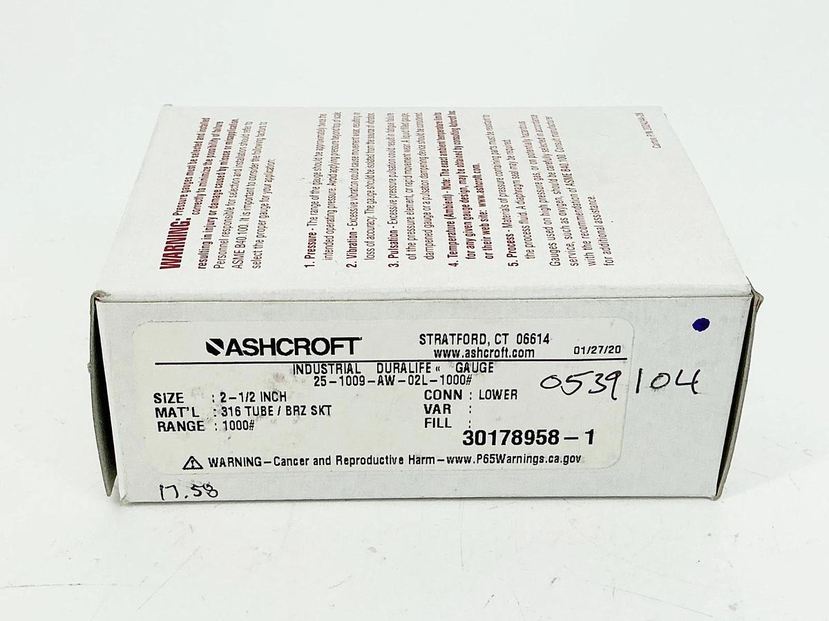 New Ashcroft 25-1009-AW-02L-1000# Pressure Gauge 0-1000PSI 2.5" Face 1/4" NPT