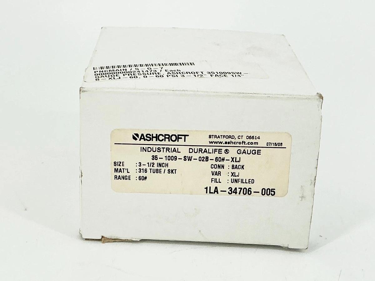 New Ashcroft 35-1009-SW-02B-60#-XLJ Pressure Gauge 3-1/2" 60PSI 316 Tube