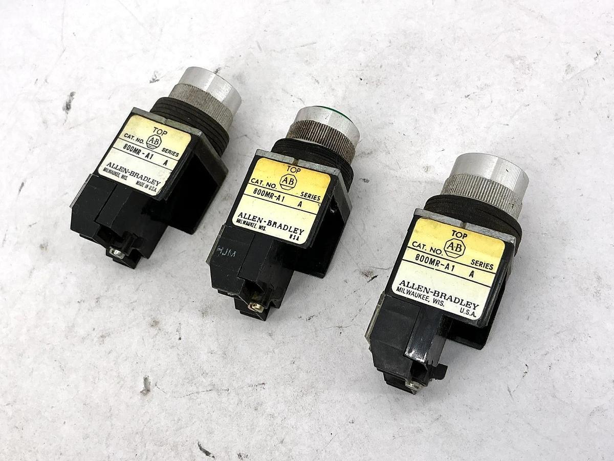 Used Lot of 3 Allen Bradley 800MR-A1 Ser A Pushbutton w/ 800M-XD1S Contact Block