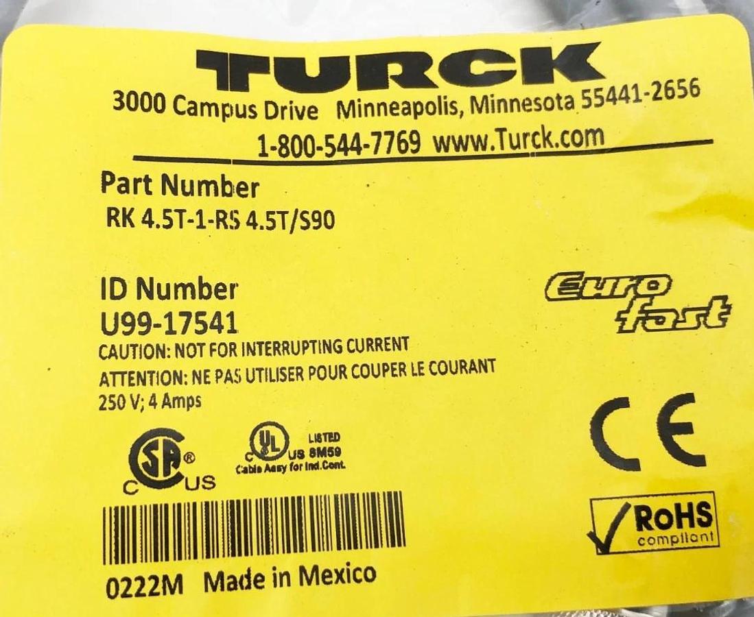 New Turck RK 4.5T-1-RS 4.5T/S90 Eurofast Cordset 250V 4A U99-17541