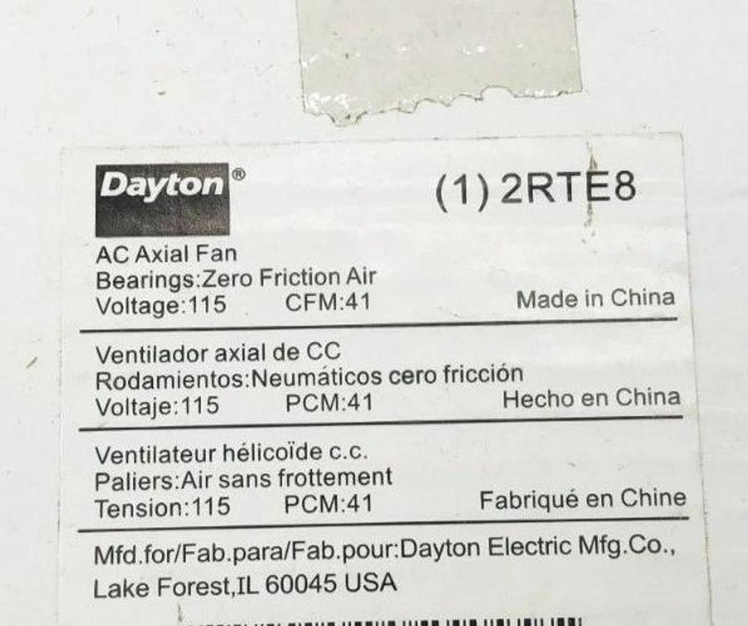 New Dayton 2RTE8 Axial Fan 115VAC 1PH 41 CFM 3-1/8" Square