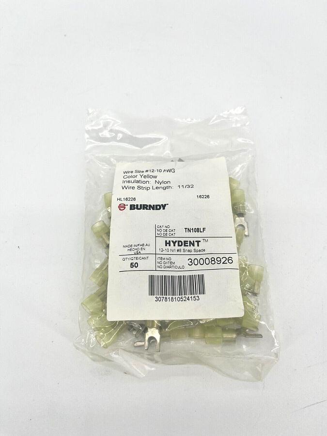 Bag of 50 New Burndy TN108LF Fork Terminals 12-10AWG 11/32" Wire Strip Length