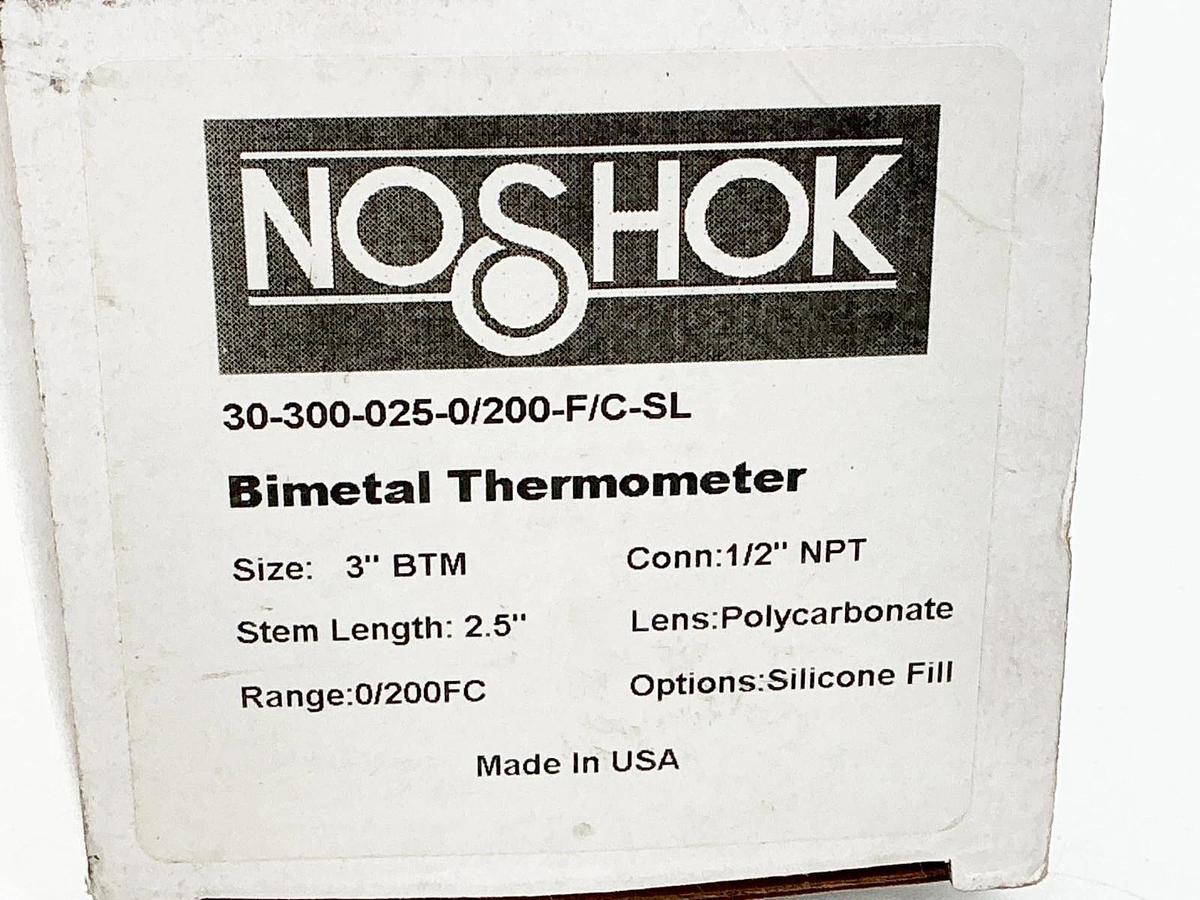 New NoShock 30-300-025-0/200-F/C-SL Thermometer 3" 0-200F 1/2NPT 2.5" Stem