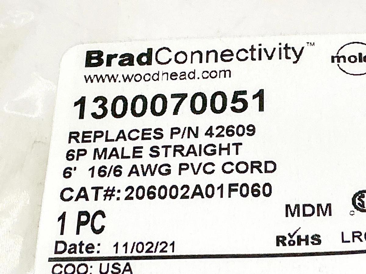 New Brad Connectivity 1300070051 Cordset 6P Male Straight 206002A01F060 4209