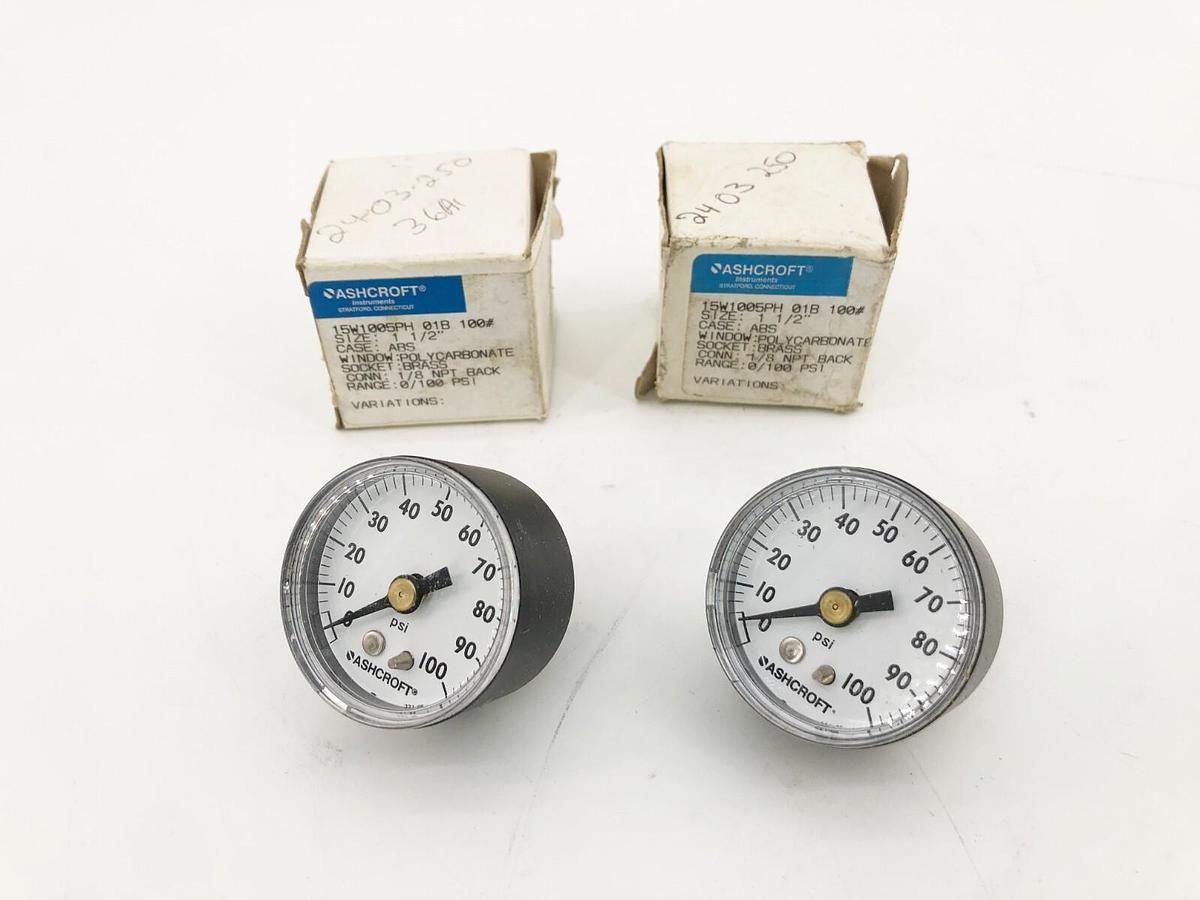 Lot of 2 New Ashcroft 15W1005PH 01B 100# Pressure Gauges 1-1/2" 0-100psi